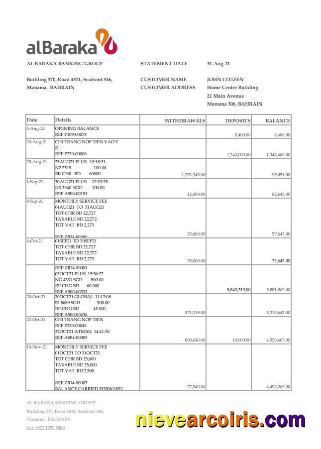 Bahrain Al Baraka bank statement easy to fill in .xls and .pdf file format